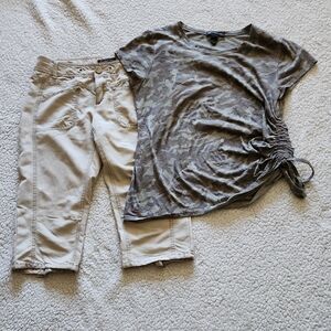 INC International Concepts BUNDLE - 1 camo ruched tee and 1 cream color capris